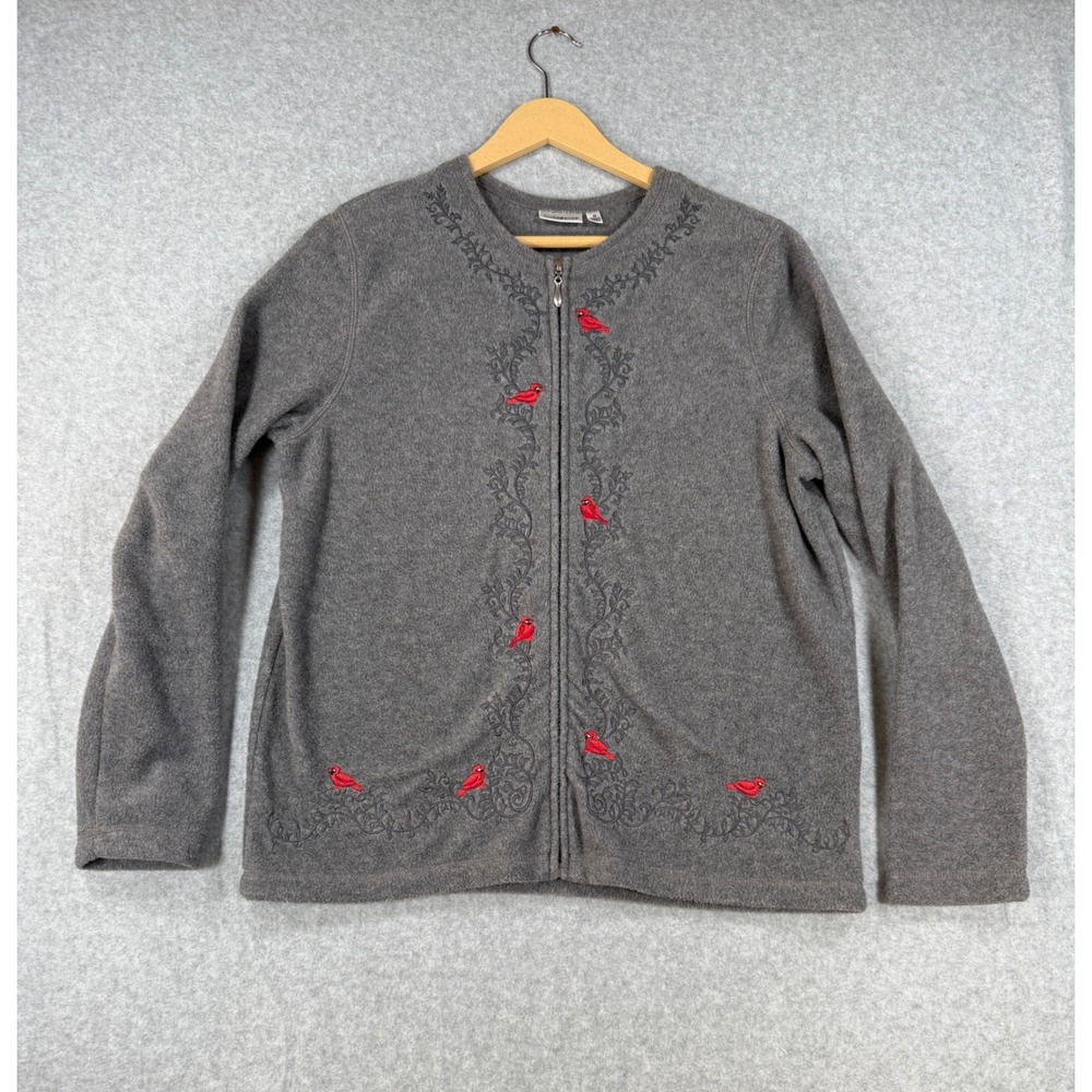 Croft & Barrow Medium Fleece Jacket Cottagecore Bird Embroidery Gray Zip Up